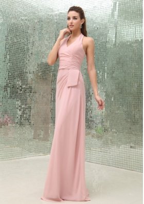 Light Pink Halter Prom Dress With Brush Train Chiffon