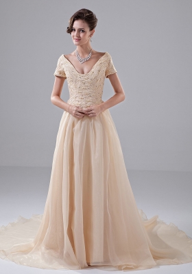 Beading A-Line V-neck Court Train Organza Church Wedding Dress