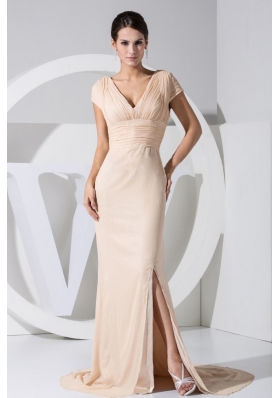 High Slit Champagne V-neck 2013 Prom Dress Brush Train