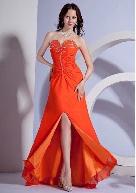 Beading Decorate Bust Sweetheart Neckline High Slit Orange Red Chiffon Brush Train 2013 Prom Dress