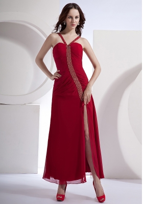 Beading Decorate Bodice High Slit Ankle-length Wine Red Chiffon 2013 Prom Dress