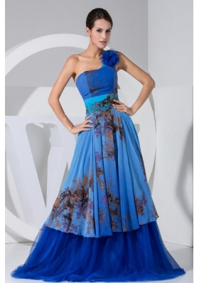 Printing Hand Made Flower Decorate Bodice Blue Tulle Brush Train Prom Dress For 2013