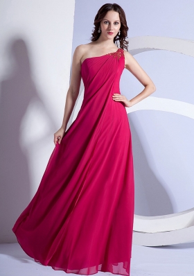 Empire Beading One Shoulder Prom Dress Hot Pink Floor-length Chiffon