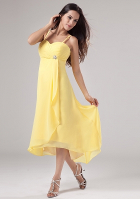 Simple Yellow Spaghetti Straps Prom Dress Beading and Ruch With Chiffon