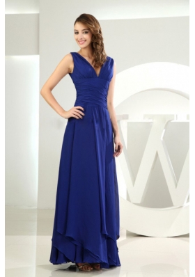 Column / Sheath V-neck Chiffon Royal Blue Ankle-length Prom Dress