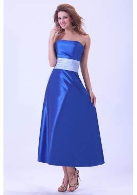 Royal Blue Bridemaid Dress With Sash Tea-length Taffeta