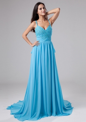 Beading Empire Straps Court Train Chiffon Prom Dress Blue