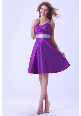 Purple Spaghetti Straps Bridesmaid Dresses  Knee-length Taffeta