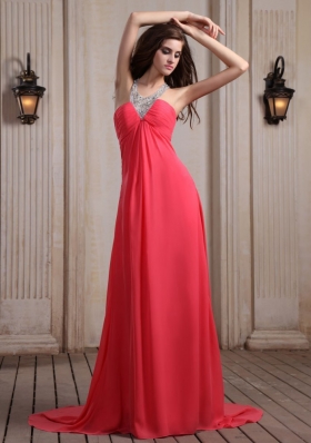Coral Red Prom Dress With Beaded V-neck Chiffon Court Train Empire