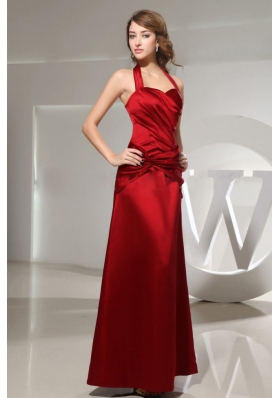 Halter Ruched Ankle-length Wine Red Satin Bridesmaid Dresses Column