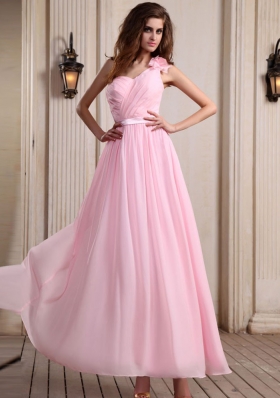 Baby Pink One Shoulder Prom Dress With Hand Made Flower Ankle-length Chiffon For Party