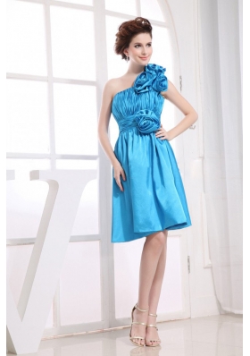 Hand Made Flowers Decorate Bodice One Shoulder Aqua Blue Knee-length Prom Dress For 2013