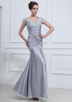 Beading V-neck Mermaid Taffeta Ankle-length Prom Dress Grey