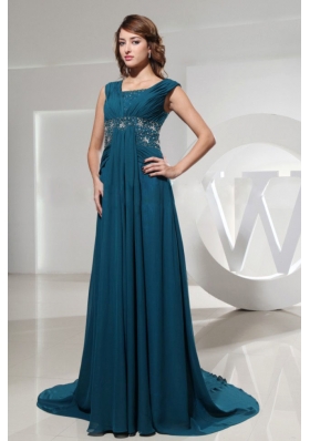 Square Blue Prom Dress With Beading and Brush Train