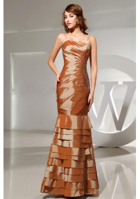 Mermaid Beading Taffeta Floor-length Spaghetti Straps Brown Prom Dress