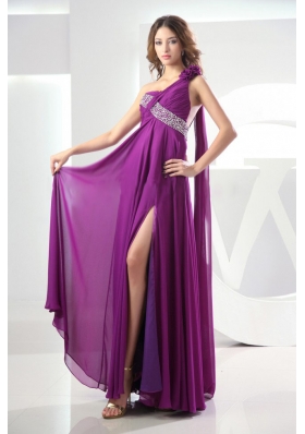 Beading Prom Dress Chiffon Fuchsia Empire Watteau One Shoulder High Slit