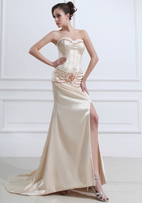 Champagne Prom / Evening Dress With Beaded High Slit Court Train Elastic Woven Satin Sweetheart