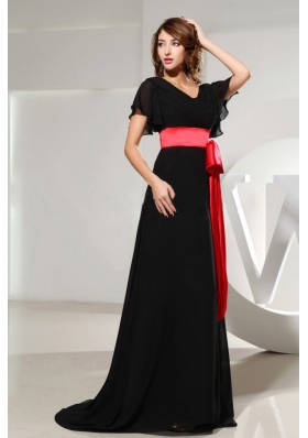 Black Prom Dress With Sash Short Sleeves and Brush Train