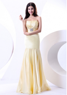 Beading Strapless Floor-length Light Yellow Elastic Woven Satin 2013 Prom Dress