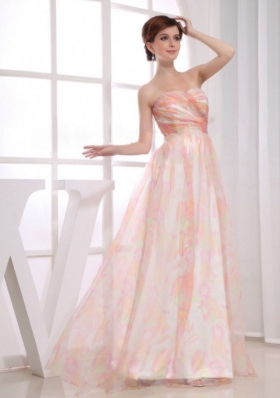Print and Organza Strapless Floor-length A-Line Multi-color Prom Dress