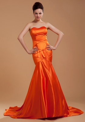 Beading Decorate Bodice Mermaid Orange Red Brush Train Sweetheart Neckline 2013 Prom Dress