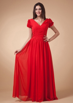 Wine Red Empire Prom Dress V-neck Short Sleeves Floor-length Chiffon With Ruch