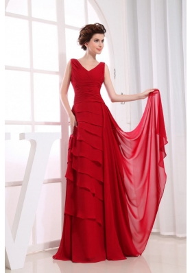 Ruffled Layers Wine Red Chiffon V-neck 2013 Prom Dress Floor-length