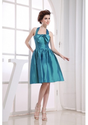 Halter Neckline Teal Bowknot Knee-length Bridesmaid Dress