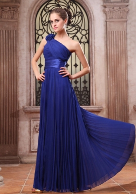 Royal Blue Prom Dress One Shoulder Hand Made Flower Pleat Chiffon