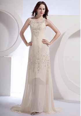 Champagne Beading Decorate Scoop Chiffon Brush Train 2013 Prom Dress