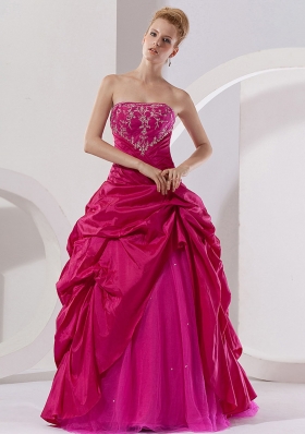 Hot Pink Taffeta Embroidery A-line Floor-length Strapless Quinceanera Dress