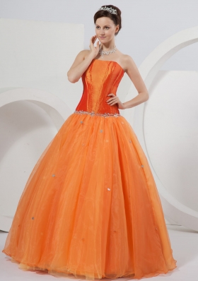 Orange A-line Strapless Floor-length Organza Beading Quinceanera Dress