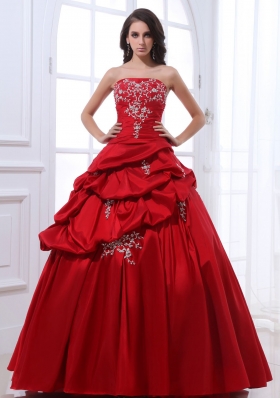 Wine Red Appliques and Pick-ups Quinceanera Dress With Floor-length Taffeta In 2013