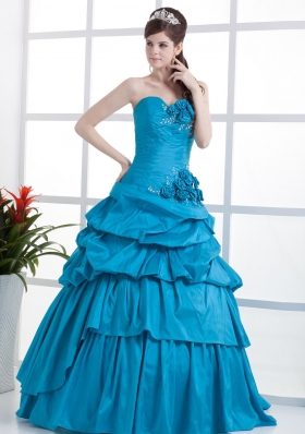 Teal Quinceanera Dress Sweetheart Hand Made Flowers and Ruffled Layers