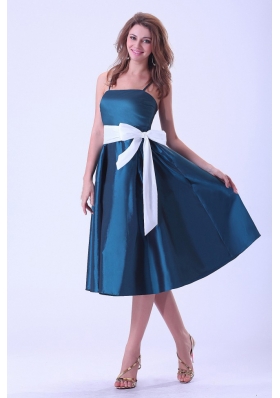 Spaghetti Straps Bridesmaid Dresses With White Sash Bowknot Tea-length Taffeta