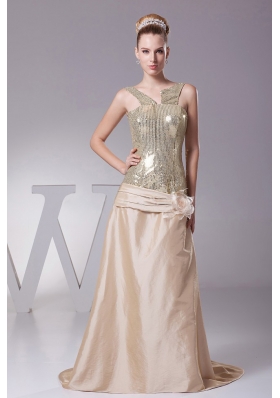 Hand Made Flower Decorate Sequin and Satin Champagne Brush Train 2013 Prom Dress