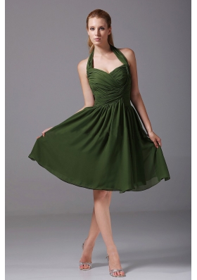 Halter Ruched Chiffon A-Line Knee-length Olive Green Bridesmaid Dress