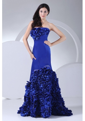 Hand Made Flowers Decorate Bodice Strapless Mermaid Blue Taffeta Brush Train 2013 Prom Dress