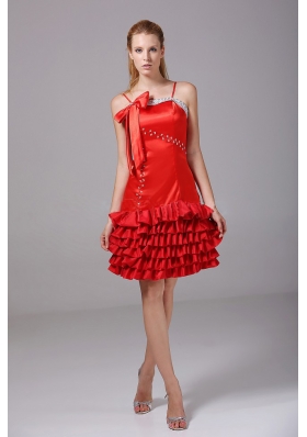 Beading and Bowknot Decorate Bodice Riffled Layers Red Taffeta Spaghetti Straps Knee-length 2013 Prom Dress