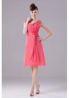 Ruched and Hand Made Flower Knee-length Straps Chiffon A-Line Watermelon Bridesmaid Dress