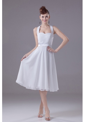 White Halter Empire Chiffon Tea-length Bridesmaid Dress