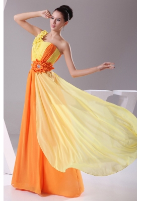 Hand Made Flowers With Beading and Ruching Decorate Bodice Orange and Yellow Chiffon Prom Dress Floor-length