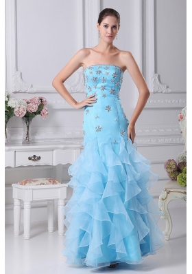 Beading and Ruffles Decorate Bodice Mermaid Aqua Blue Ankle-length Prom Dress For 2013 Strapless
