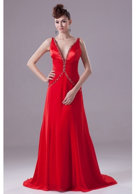Sexy Red Prom Dress With Beading V-neck and Brush Train
