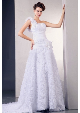 2013 Wedding Dress With One Shoulder Hand Made Flowers Fabric With Rolling Flowers Court Train For Custom Made