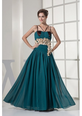 Teal Prom Dress With Hand Made Flowers and Straps