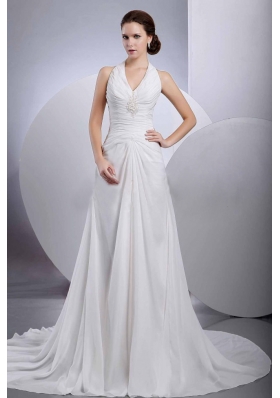 Chiffon Halter Appliques Brand new Wedding Dress With Buttons Back