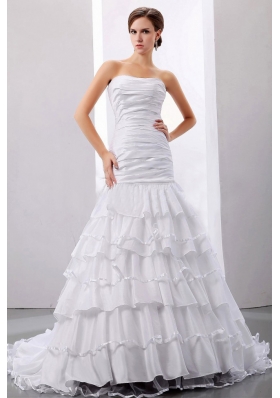 Ruffles and Ruched Mermaid Taffeta Strapless Court Train Wedding Dress