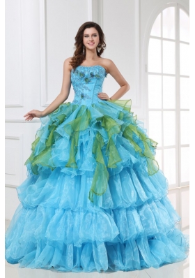 Appliques with Sequins Organza Long Quinceanera Dress in Aqua Blue