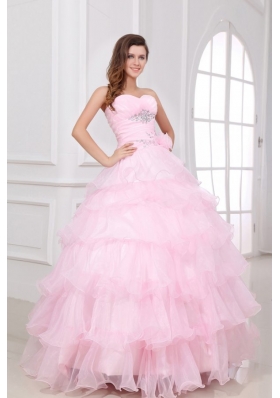 Beading and Ruffles Layered Sweetheart Quinceanera Dress in Baby Pink